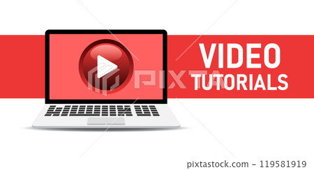 Play video tutorials icon in flat style. Education software vector illustration on isolated background. Webinar training sign business concept. Play video tutorials icon in flat style. Education software vector illustration on isolated background. Webinar training sign business concept. 119581919