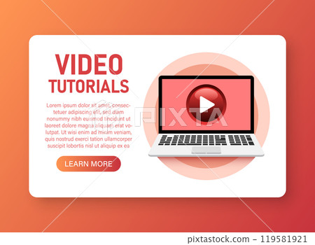 Play video tutorials icon in flat style. Education software vector illustration on isolated background. Webinar training sign business concept. 119581921