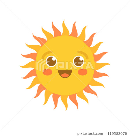 Funny sun with face icon in flat style. Summer sunshine emoji vector illustration on isolated background. Smiling sun sign business concept. 119582076