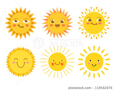Funny sun with face icon set in flat style. Summer sunshine emoji vector illustration on isolated background. Smiling sun sign business concept. Funny sun with face icon set in flat style. Summer sunshine emoji vector illustration on isolated background. Smiling sun sign business concept. 119582078