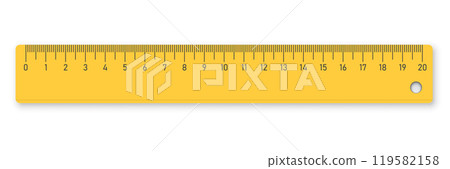 Yellow plastic ruler icon in flat style. Measuring tool vector illustration on isolated background. Stationery sign business concept. 119582158