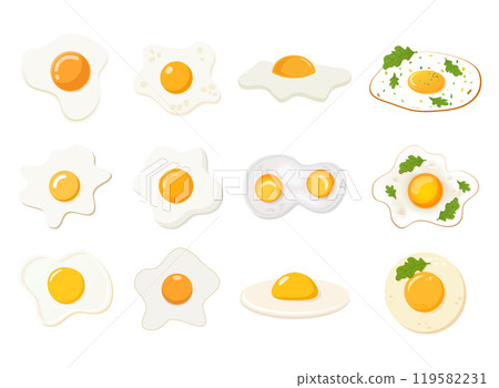 Fried egg icon set in flat style. Omelet vector illustration on isolated background. Healthy food sign business concept. Fried egg icon set in flat style. Omelet vector illustration on isolated background. Healthy food sign business concept. 119582231