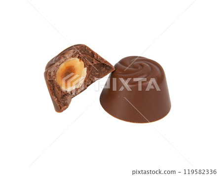 Chocolate candy sweet with hazelnut isolated on the white background 119582336