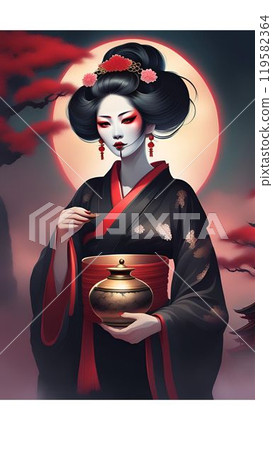 一個穿著和服的女人坐在黑色背景上 119582364