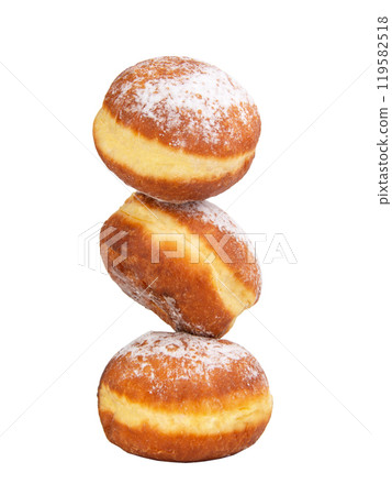 Bright tasty berliner donut balls levitate isolated on the white background 119582518