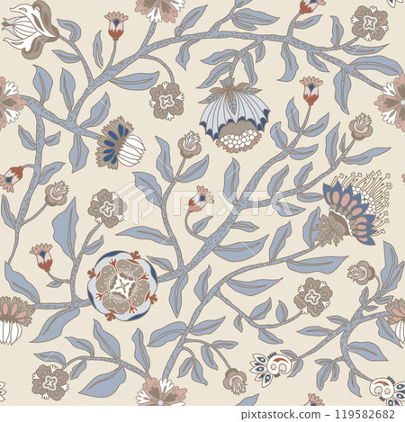 Earthy colour floral seamless pattern. Repeating design of stylised flowers and leaves. Earthy colour floral seamless pattern. Repeating design of stylised flowers and leaves. 119582682
