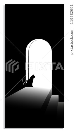 Domestic black cat sits at open door waiting for owner. Silhouette of cat on minimalistic  background. Black and white vertical vector illustration 119582691
