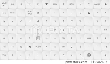 Rectangular white computer keyboard buttons with chaotically mixed symbols and letters. Gray horizontal copy space for design of web pages and interface. Vector background Rectangular white computer keyboard buttons with chaotically mixed symbols and letters. Gray horizontal copy space for design of web pages and interface. Vector background 119582694