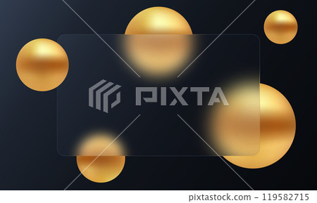 Website landing page template in glass morphism style. Frosted glass partition with floating golden spheres on dark background Website landing page template in glass morphism style. Frosted glass partition with floating golden spheres on dark background 119582715