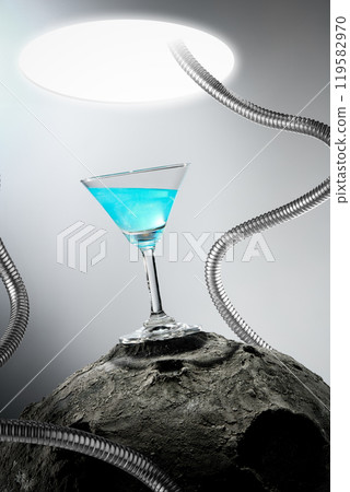Sci-fi themed cocktail ADS, featuring a blue cocktail glass placed on a surface representing the moon, surrounded by strings emerging from an infinite light field, on a glowing gray background. 119582970