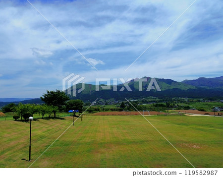 The five peaks of Mt. Aso as seen from Minamiaso Village, Kumamoto Prefecture The five peaks of Mt. Aso as seen from Minamiaso Village, Kumamoto Prefecture 119582987