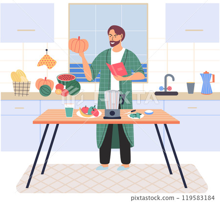 Man preparing cocktail or smoothie. Guy with cookbook reading vegetarian recipes. Proper nutrition, healthy lifestyle, homemade eating, vegetarianism concept. Process of cooking healthy dish 119583184