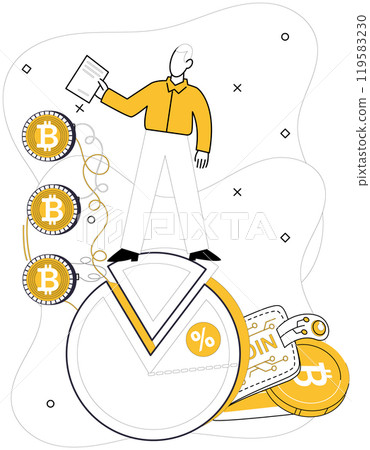 Crypto education. An individual stands on a pie chart with Bitcoin symbols coins and a wallet in the background. Ideal for cryptocurrency learning, financial investments, blockchain technology 119583230