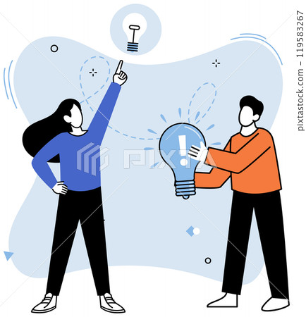 Search business ideas. Collaboration brainstorming and meeting of creative people with light bulb. Finding new solutions to tasks, office workers share ideas. Team brainstorming, idea management 119583267