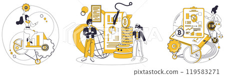 Crypto education. People engage with blockchain and cryptocurrency learning tools and resources. Ideal for online learning platforms, blockchain courses, cryptocurrency tutorials, digital asset 119583271