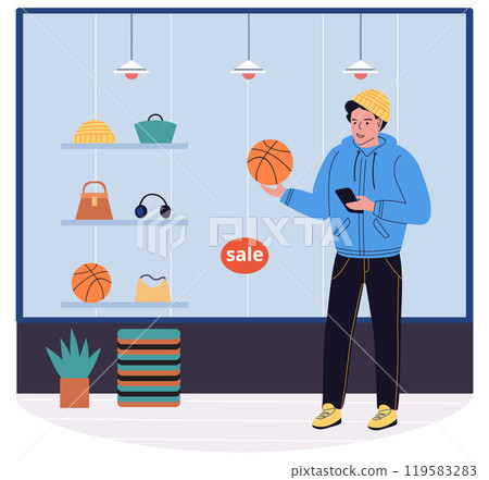 Online shopping, purchase via Internet concept. Happy customer buying and making payments with smartphone. Guy selects products on touchscreen. Man with mobile phone uses website of online store Online shopping, purchase via Internet concept. Happy customer buying and making payments with smartphone. Guy selects products on touchscreen. Man with mobile phone uses website of online store 119583283