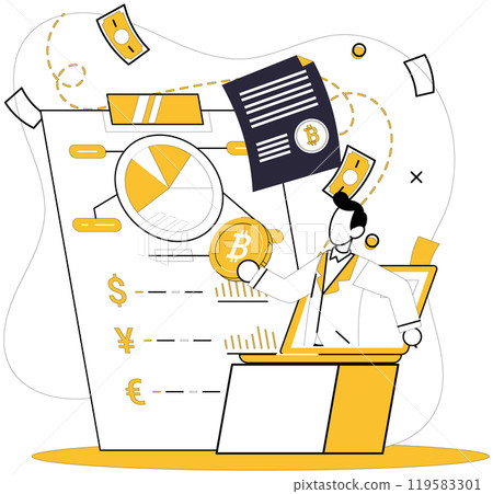 Crypto education. A person analyzing financial data represented by various global currencies, cryptocurrencies including Bitcoin, charts, and graphs, ideal for teaching complex concepts Crypto education. A person analyzing financial data represented by various global currencies, cryptocurrencies including Bitcoin, charts, and graphs, ideal for teaching complex concepts 119583301