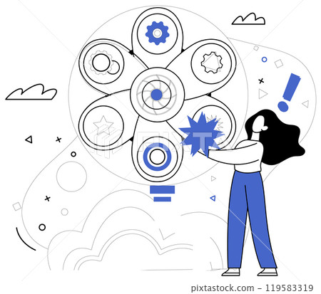 Business innovation vector illustration. Uniqueness is lighthouse guiding ships business through stormy seas Intelligence is craftsman carving sculptures success in world business Progress is compass 119583319
