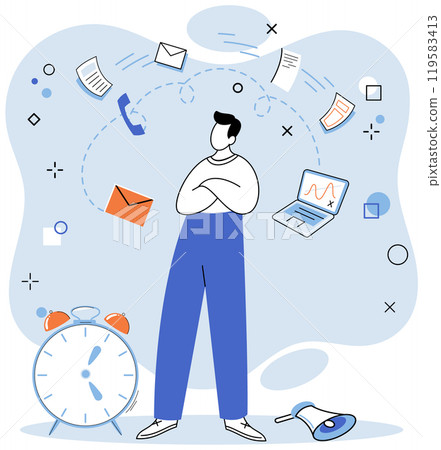 Person using laptop standing near big alarm clock with business icons, work online with digital technology, remote office with computer, distant communication with colleagues. Time management 119583413