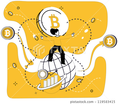 Crypto education. A person stands atop a globe, encircled by Bitcoin symbols and charts. Ideal for financial literacy, cryptocurrency, global economy, blockchain technology, digital investment 119583415