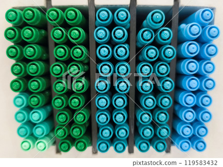 Colorful pen on shelf in a shopping mall. Multicolored markers in art store. Colorful pen on shelf in a shopping mall. Multicolored markers in art store. 119583432
