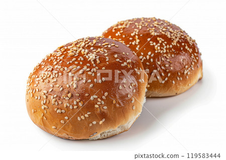 Soft buns sprinkled with sesame seeds. Burger bun with sesame seeds on white background 119583444