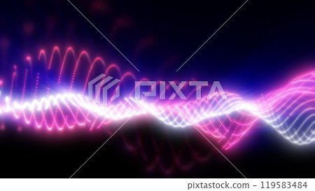Vibrant pink and purple light waves pulse across a dark background, creating a futuristic and dynamic energy flow with glowing, abstract lines and smooth curves 119583484