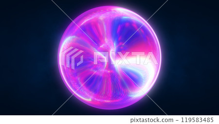 A vibrant, glowing pink orb with swirling, fluid patterns, set against a dark background. Ideal for sci-fi, abstract, or futuristic design 119583485