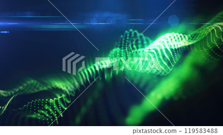 A green, glowing particle wave forms a dynamic curve, suggesting energy, sound, or data visualization on a dark background A green, glowing particle wave forms a dynamic curve, suggesting energy, sound, or data visualization on a dark background 119583488