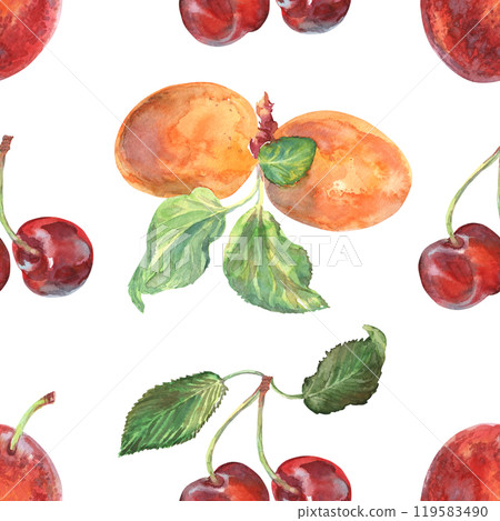 Pattern seamless of apricot, cherry, red plums branches with leaves hand drawn in watercolor. Ripe berries on bunches of fruit tree. Sweet fruits are painted very brightly orange, red, burgundy and Pattern seamless of apricot, cherry, red plums branches with leaves hand drawn in watercolor. Ripe berries on bunches of fruit tree. Sweet fruits are painted very brightly orange, red, burgundy and 119583490