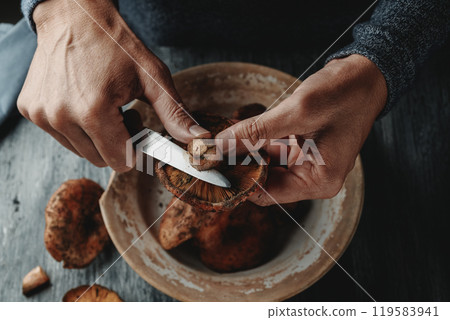 cuts the stem of some typical catalan rovellons cuts the stem of some typical catalan rovellons 119583941