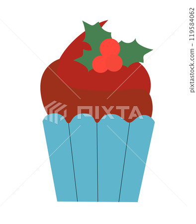 Christmas cupcake with mistletoe. Vector Flat Illustration. Christmas cupcake with mistletoe. Vector Flat Illustration. 119584062