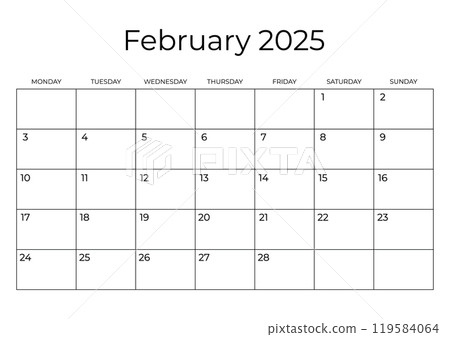 Printable Monthly Calendar Template for February 2025. Wall Calendar in a Minimalist Style. Week Starts on Monday. Simple and clean design Printable Monthly Calendar Template for February 2025. Wall Calendar in a Minimalist Style. Week Starts on Monday. Simple and clean design 119584064