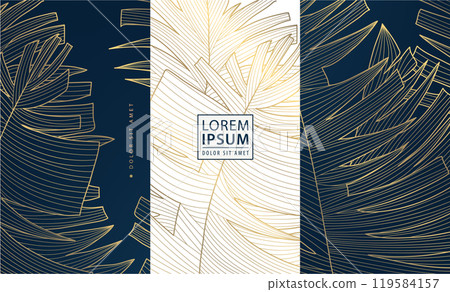 Vector set palm leaves line patterns, golden nature tropic flyers. Jungle graphic, premium plant frames. 119584157
