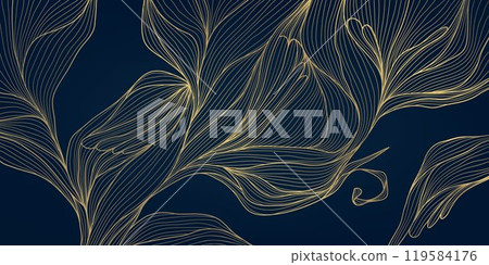 Vector art deco gold on blue leaves pattern, line luxury fancy gatsby background. Japanese style jungle foliage, wavy nouveau texture, plant wallpaper. 119584176