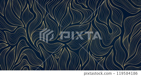 Vector art deco gold on blue leaves pattern, line luxury fancy gatsby background. Japanese style jungle foliage, wavy nouveau texture, plant wallpaper. 119584186