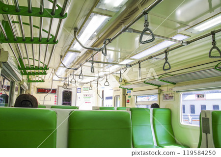Interior of the Indonesian Railways suburban train 119584250