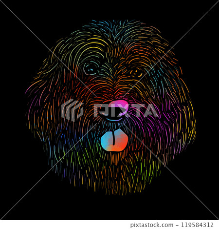 Graphic colored dog head on black background. Graphic design on a t-shirt. hand drawing. Not AI, Vector illustration. 119584312