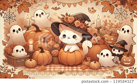 A scene of a cat wearing a witch's hat smiling among pumpkins and ghosts in a warm Halloween decoration A scene of a cat wearing a witch's hat smiling among pumpkins and ghosts in a warm Halloween decoration 119584327