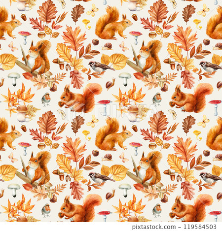 Cute squirrels, forest elements seamless watercolor pattern, autumn oak leaves, mushrooms, birds and acorns for textile Cute squirrels, forest elements seamless watercolor pattern, autumn oak leaves, mushrooms, birds and acorns for textile 119584503