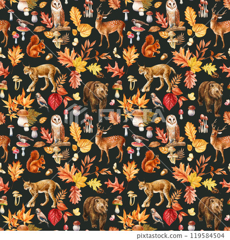 Forest seamless pattern. Watercolor deer, bear, lynx, squirrel and owl. Autumn leaves, mushrooms, bird and wild animals Forest seamless pattern. Watercolor deer, bear, lynx, squirrel and owl. Autumn leaves, mushrooms, bird and wild animals 119584504
