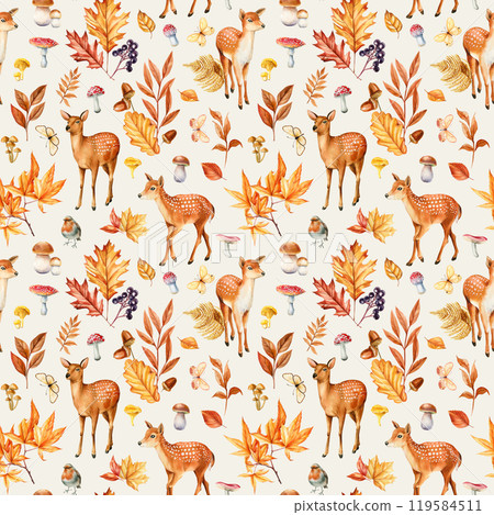 Seamless pattern with forest deer, autumn leaves, mushroom. Watercolor wildlife creatures. hand-painted woodland animals Seamless pattern with forest deer, autumn leaves, mushroom. Watercolor wildlife creatures. hand-painted woodland animals 119584511