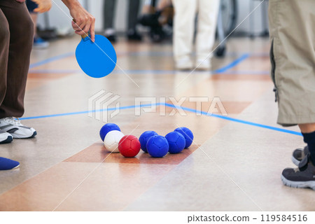 People enjoying the disabled sport of boccia, referee 119584516