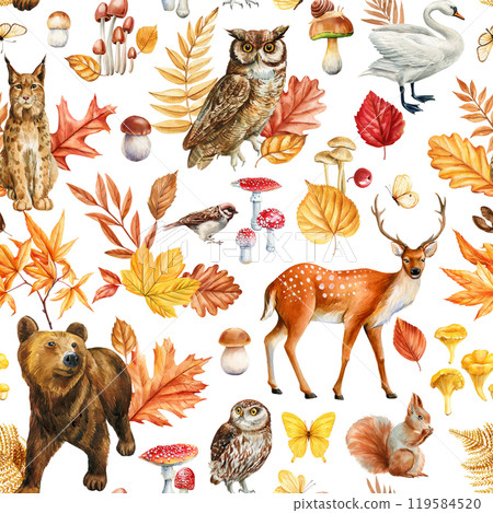Watercolor deer, bear, lynx, butterfly and Eagle owl. Autumn flora mushroom, bird, wild animal. Forest seamless pattern. Watercolor deer, bear, lynx, butterfly and Eagle owl. Autumn flora mushroom, bird, wild animal. Forest seamless pattern. 119584520
