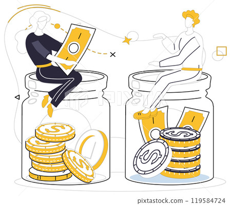 Savings account. Two individuals sit on jars filled with stacked coins and cash. Ideal for financial savings, investments, money management, budget planning, future financial security. Modern Savings account. Two individuals sit on jars filled with stacked coins and cash. Ideal for financial savings, investments, money management, budget planning, future financial security. Modern 119584724