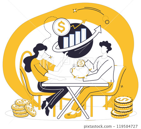 Savings account. A couple seated at a table holds a piggy bank and points to a chart symbolizing financial growth. Ideal for financial planning, investment, budgeting, money management, future Savings account. A couple seated at a table holds a piggy bank and points to a chart symbolizing financial growth. Ideal for financial planning, investment, budgeting, money management, future 119584727