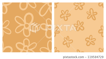 Naive basic seamless pattern set with doodle Daisy Flowers. Contemporary minimalistic trendy backgrounds for kids in Earth Tones. Floral chamomile design for wrapping paper, covers and fabric. 119584729