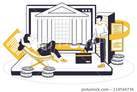 Savings account. Two characters relax with a backdrop of a digital interface, showcasing modern banking. Ideal for financial technology, digital savings, online banking, financial security Savings account. Two characters relax with a backdrop of a digital interface, showcasing modern banking. Ideal for financial technology, digital savings, online banking, financial security 119584736