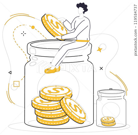 Savings account. A person sits on a large jar filled with coins, adding more to it, depicting the concept of growing savings. Ideal for promoting financial growth, planning, budgeting, investment Savings account. A person sits on a large jar filled with coins, adding more to it, depicting the concept of growing savings. Ideal for promoting financial growth, planning, budgeting, investment 119584737