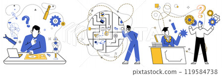 Service innovation vector illustration. Breakthroughs are keys unlocking doors to new horizons in business exploration Original concepts are paintbrushes coloring canvas successful service innovations 119584738